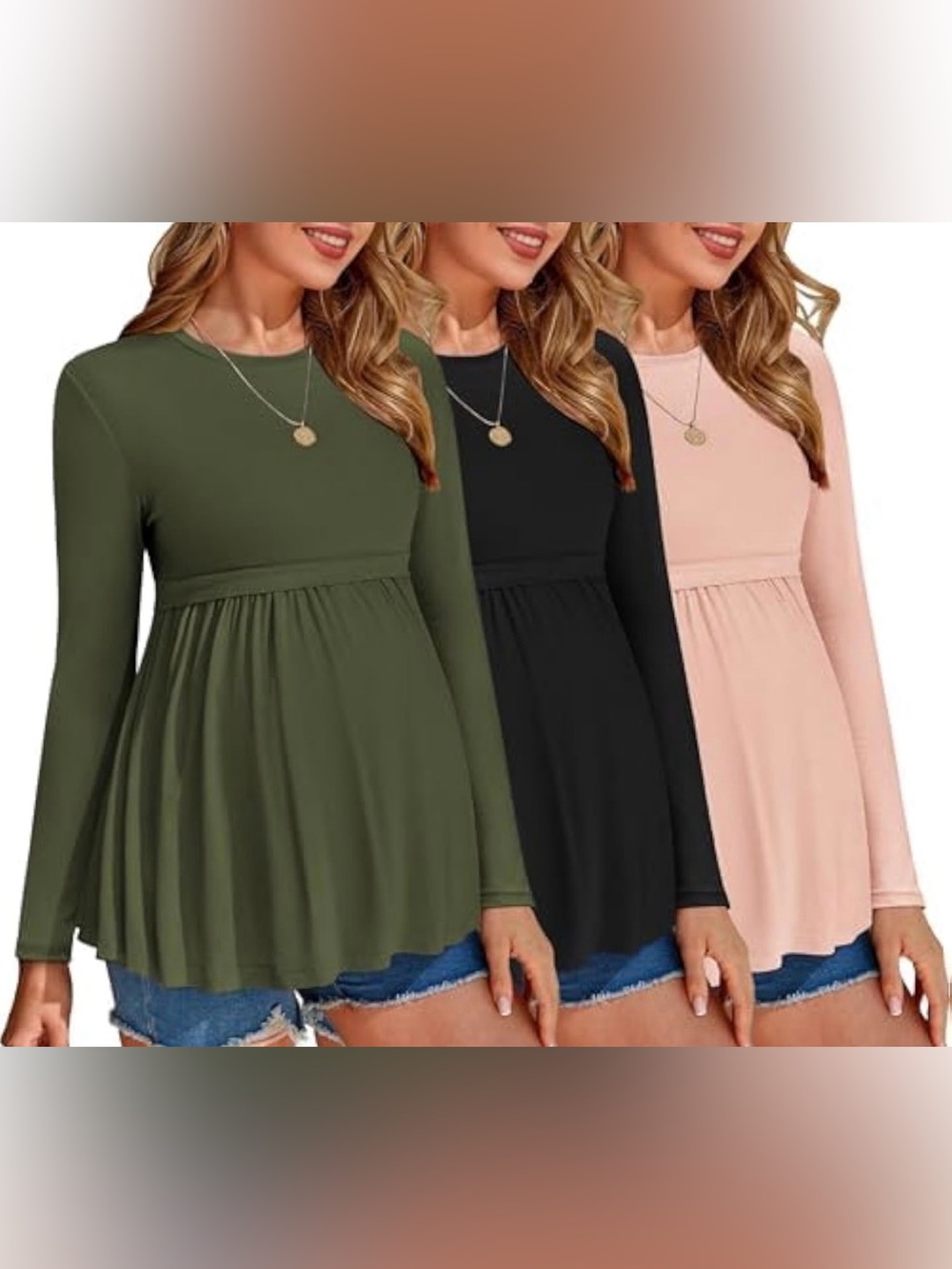 Maternity Shirts 3 Packs Pleated Long Sleeve Tops Tunic Casual Pregnancy Clothes